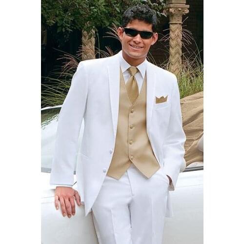 Golden Vest White Best Men Tuxedos For Summer Beach Wedding Groomsman Suits Masculino Ternos (Jacket +Pants+Vest+Tie)