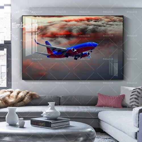 1 Pieces Blue Airplane Fly Into Cloud Landscape Aircraft Wall Art Pictures For Living Room Modern Home Decor Posters Paintings