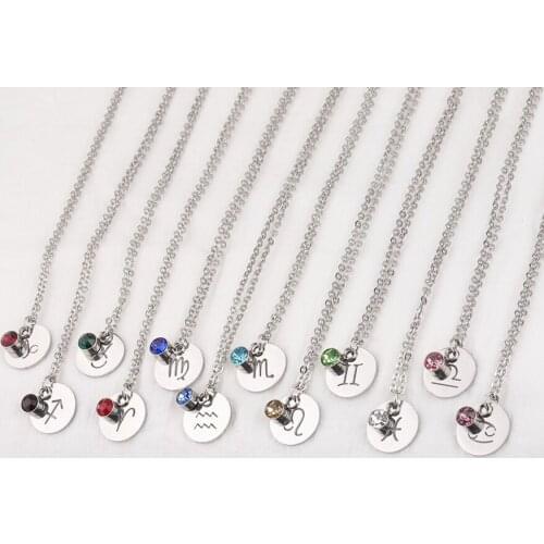 Hot Fashion Smooth Stainless Steel Zodiac Sign 12 Constellation Pendant Necklaces Lucky Birthstone Chain For Women Party Gifts
