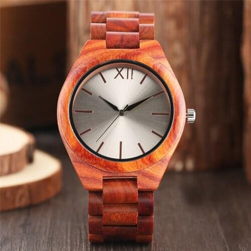 Natural Red Sandalwood Mens Wristwatch Roman Number Dial Clock Quartz Analog Timepiece Adjustable Band Watches for Men Gift