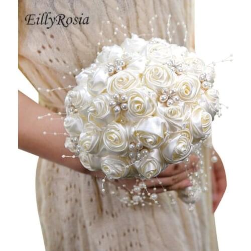 EillyRosia Cream Ivory Bridal Bouquet Satin Rose Artificial Flowers Pearls Jewelry White Pink Bride Flower Brooch buque de noiva