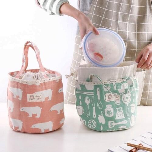 Cotton Linen Animals Printed Drawstring Lunch Bag Lunch Box Thermal Bag Cooler Bag Aluminum Foil Insulated Tote Storage Bag