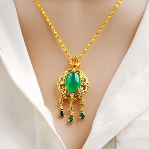 Indian 24K Gold Jewelry Crystal Green Rhinestones Pendant Necklaces for Women Golden Choker Chain Vintage Wedding Accessories