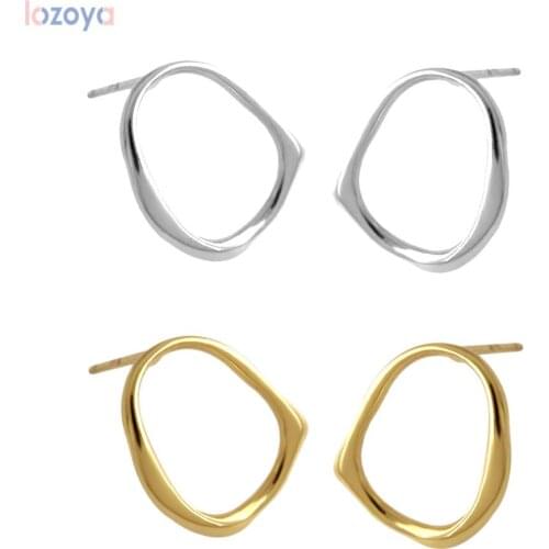 Lozoya 925 Sterling Silver Gold Plain Women Fine Oval Circle Stud Earring Irregular Luxury Jewelry Rock Punk Party Jewelry Gift