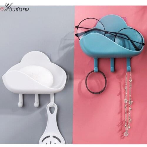 OYOURLIFE Multi-function Wall Shelf With Hooks Kitchen Bathroom Sponge Soap Drain Holder Wall Mounted Sundries Shelf Organizer