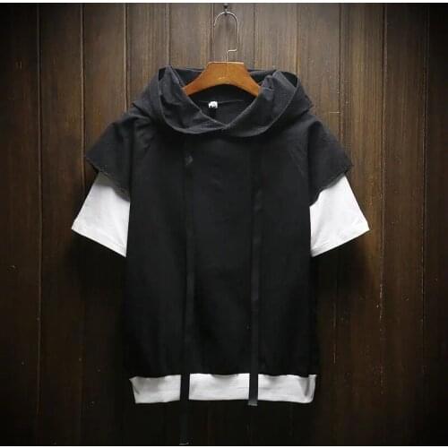 Summer new fake two piece short sleeve t-shirt mens fashion brand large size Hoodie 5-sleeve sweater T-shirt