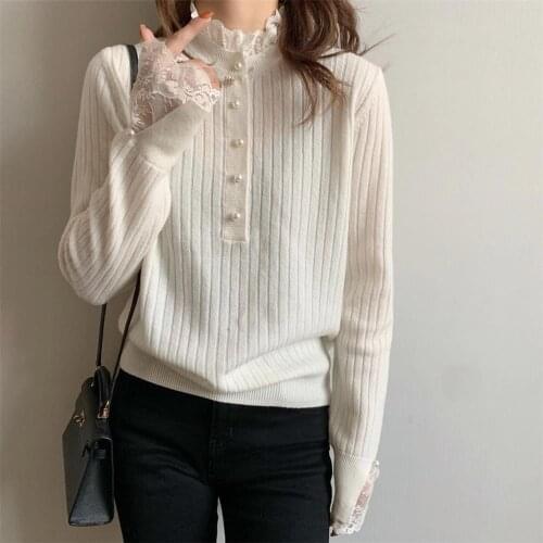 New Winter WomenS Sweater Fashion Casual Lace Side Collar Knitted Pullover Temperament Warm Long-Sleeved Top