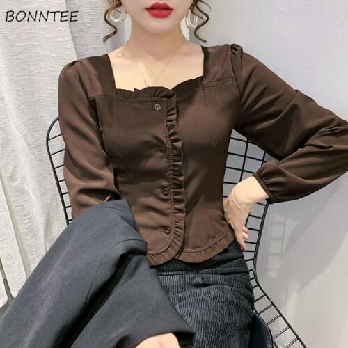 Shirts Women Daily Oversized Clothing Lady Stylish Chiffon Simple Ruffles Ins Solid Single Breasted Spring Square Collar Classy