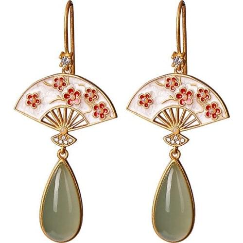 925 sterling silver gold plated Hetian gray jade earrings Chinese style plum fan earring pendant for ladies ear hooks