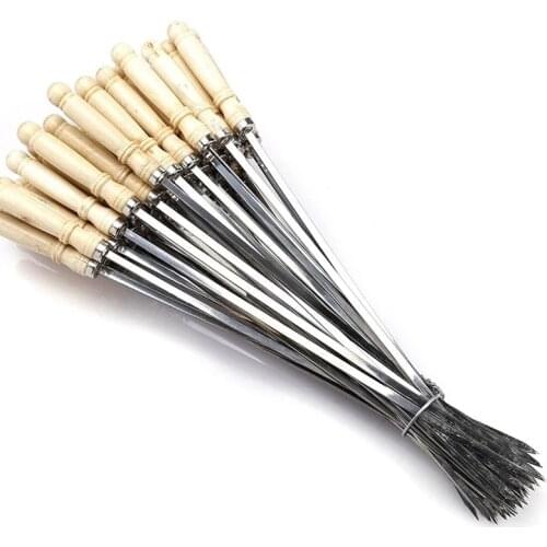 10pcs 40cm Stainless Steel BBQ Skewer Wooden Handle BBQ Needle Reusable Barbecue Meat String Grill Fork Outdoor Cooking Tool