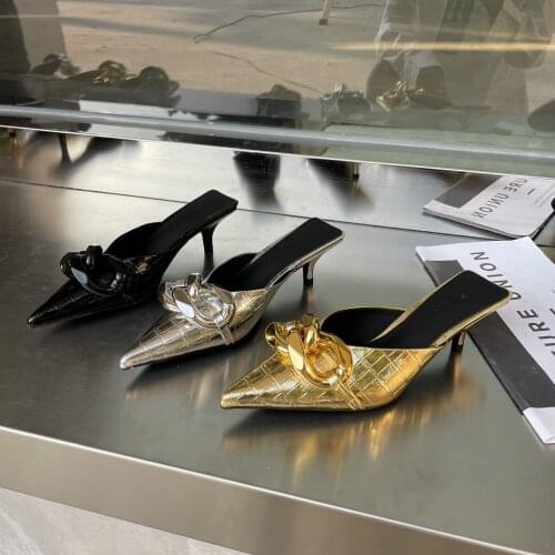 Shoes for women Pointed Toe Metal Chain thin Heel slippers female slippers Mules Shoes Casual summer slippers