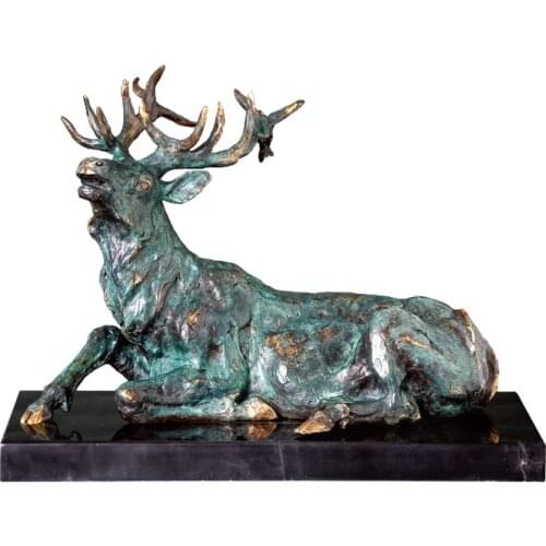 Reindeer Statue Wildlife Animal Sculpture Art Green Bronze Hot Casting Lucky Birthday Gifts Home Decor