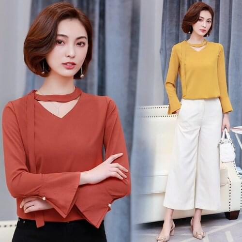 Large Size Womens Long-sleeved Chiffon Shirt Spring Autumn New Korean Fashion Trumpet Sleeve Female Bottom Blouses Tops H9048