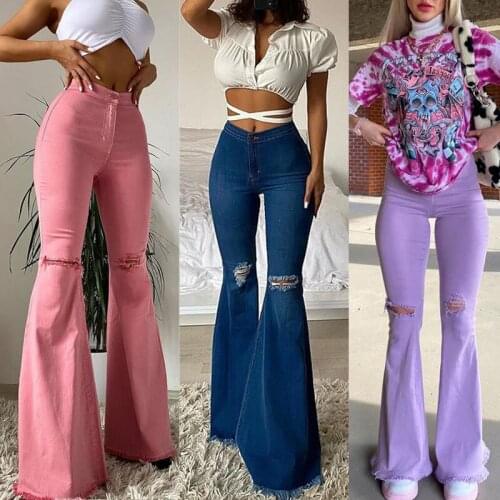 New Women Female Denim Flared Pants High-waisted Button Holes Ripped Bodycon Bell-Bottoms Trousers Tight Long Straight Trousers