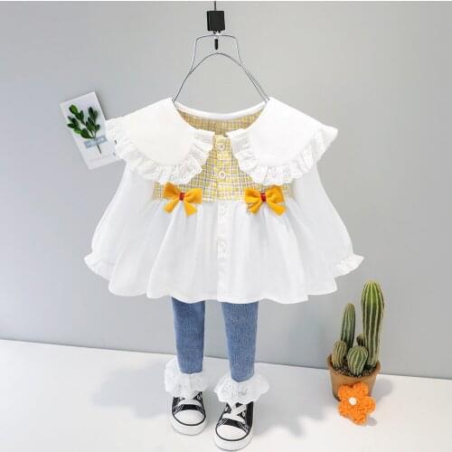 Spring Infant Girl Clothes Suit Sweet Newborn Doll Collar Patchwork Shirt+Jeans Two Piece Toddler Girl Outfits Cotton Baby Set