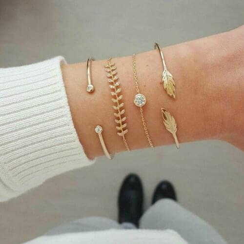 Gold color Women Fashion Punk Bracelet Simple Trendy leaf crystal Chain Bracelets Bohemian Retro Jewelry Accessories Bangles