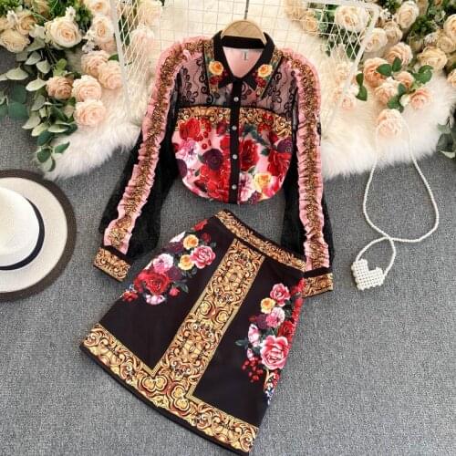 Vintage Brand Designer Print 2 Pcs Women Set Turn Down Collar Long Sleeve Shirt + High Waist Bodycon Skirt Suit Autumn 2021 New