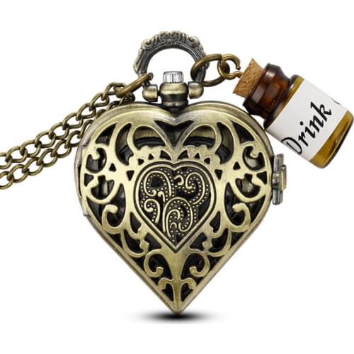 Bronze Heart-Shaped Pocket Watch Necklace Small Bottle Drink Me Alice In Wonderland Quartz Pocket Watch chains pendent gifts