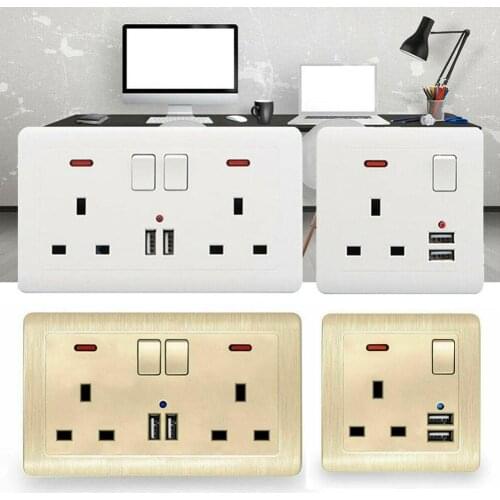 1Pc Wall Socket 13A 250V Square Three-hole Socket Dual Double British USB Port Socket Standard Wall Plug Charger C0V2