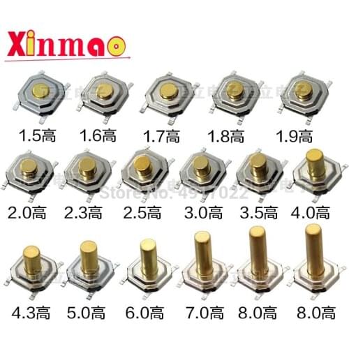 100pcs 4*4*1.5 mm 5.2*5.2 High 1.5-6.0 touch tact switch 4 PIN Metal SMD Tactile 12V Micro Push Button Switch copper feet 4*4*2