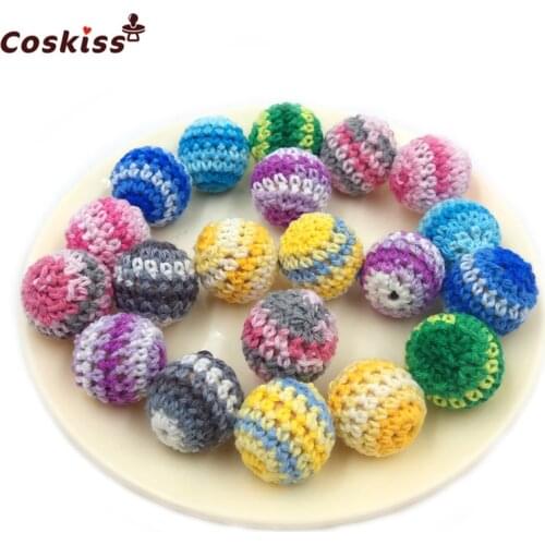 16mm/10pc Round Wooden Crocheted Bead Rainbow color Woolen Teether Bead Necklace Decoration Wooden Teething Crochet teether ball