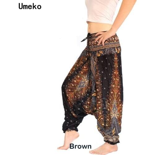 2020 Women Bohemian Chiffon Boho Harem Pants Baggy Aladdin Peacock Print Hippie Boho Pants Causal Loose Trousers Lantern Pants