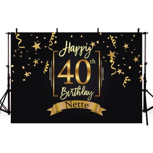 MEHOFOTO Happy 40th Birthday Party Backdrop Black Gold Little Stars Ribbons Photography Backgrounds Customized 7x5FT Vinyl