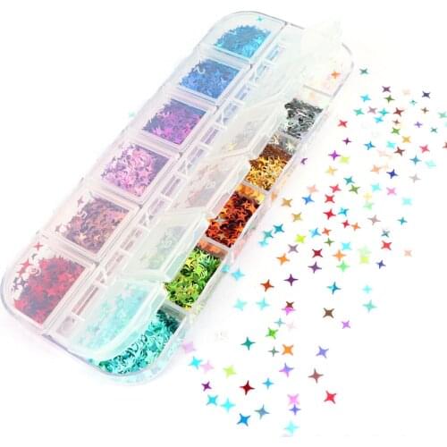 12 Grids Holographic Four Angle Stars Shape Nail Glitter Sequins Mixed Starry Nail Art DIY Flake Paillette Nail Art Decorations