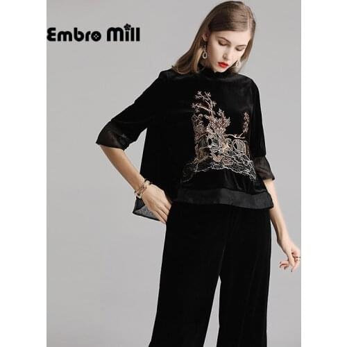 The new autumn woman two piece set Chinese style High end velvet embroidery coat+ elegant Wide leg pants 2 piece set women S-2XL