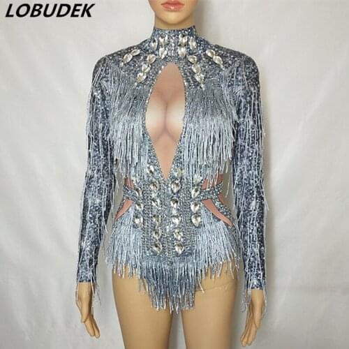 Nightclub DJ Singer Concert Costume Silver Gray Tassels Rhinestones Bodysuit Sexy Stage Wear Bar Party Jazz Dance Team Costume