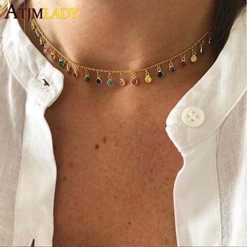 CZ round Bezel Drip necklace 925 sterling silver Dainty Chandalier layering necklace gold filled delicate rainbow cz choker