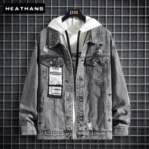 Gray Denim Jacket Mens Loose Autumn Winter Casual Jacket Men Long Sleeved Denim Jacket For Male Youth Pattern Printing Jean Top