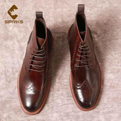 Sipriks British High-Top Brock Mens Ankle Boots Male Leather Carved Business Leather Boots Trend Tooling Boots Cowboy Short Boo