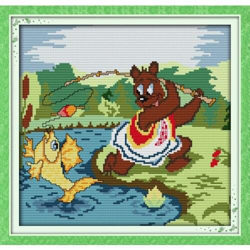Little bear(1)(fishing) cross stitch kit cartoon 14ct 11ct count print canvas stitching embroidery DIY handmade needlework