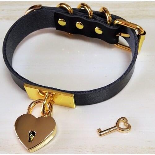 Harajuku NEW Hot Dark Rivet Torques handmade Choker black Leather Gold sweet heart lock &Key punk Necklaces Free shipping