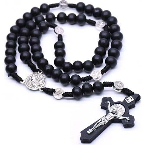 Catholic Rosary Beads Necklace Handmade Wooden Virgin Holy Christ Jesus Cross Pendant Necklace Religious Prayer Jewelry Gift