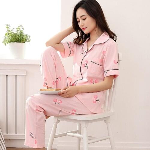 Short Sleeved Tops Long Pants Pajamas Sets Summer Cotton Women Fruit Pattern Pyjamas Sweet Sleepwear Loungewear femme Clothing