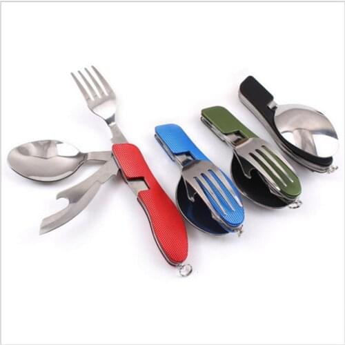Practical 4 in 1 Folding Fork Knife Bottle Opener Multi-function Outdoor Camping Travel Picnic Stainless Steel Set 4 Colors