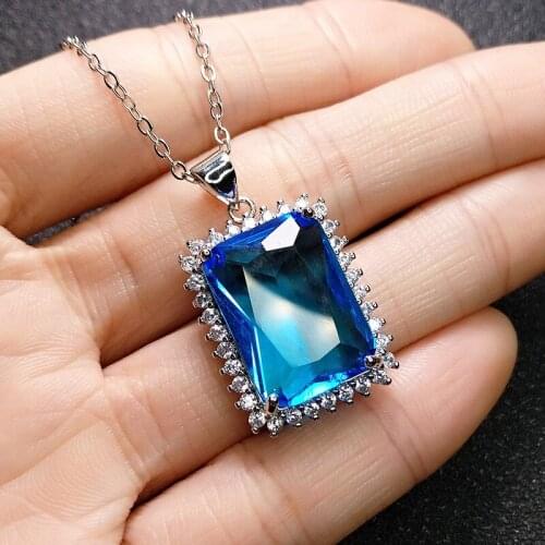 Luxury Square Blue Zircon Pendant Necklace for Women Cocktail Party Jewelry Bridal Necklace Wedding Jewelry Lovers Gifts