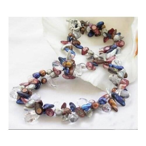 Unique Pearls jewellery Store 2rows Coffee Gray Blue Biwa Pearl Crystal Beads Baroque Genuine Pearl Necklace Charming Women Gift