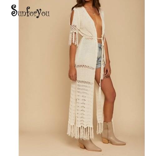 Knit Long Beach Cover up Beach Kaftan Tunics for Beach Swimsuit cover up Robe Plage Tassel Bathing suit Women Crochet cover Up