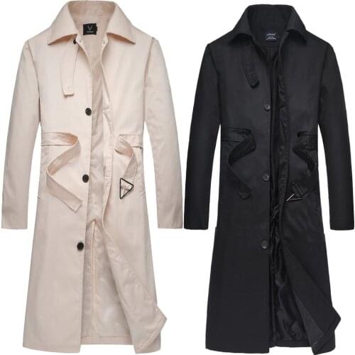 YF35 Men Clothing Spring and Autumn Plus Size Mens Mid-Length Trench Coat Long Solid Color Polo Collar Coat