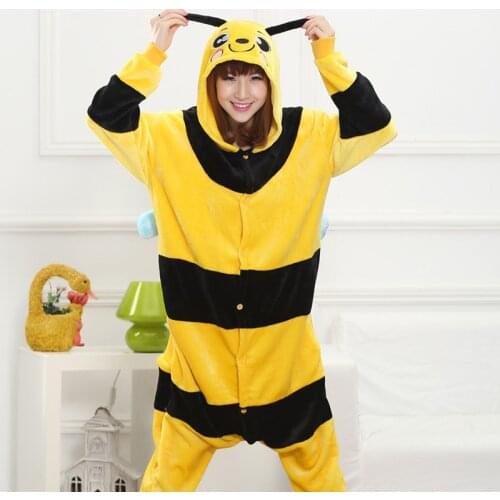 Funny Onesie Animal Bee Kigurumis Jumpsuit Women Girl Adult Sleepwear Warm Pajama Yellow Cartoon Overalls Flannel Cute Outfit