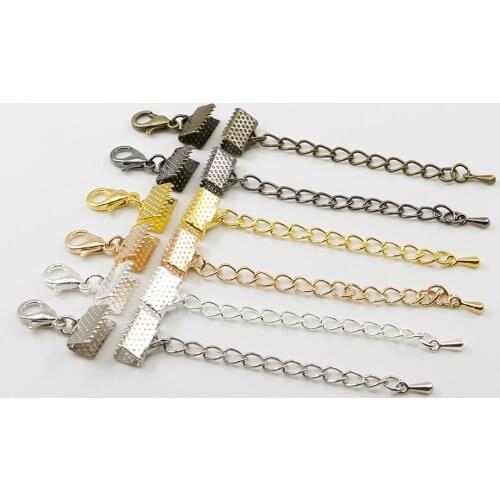 10pcs/lot Ribbon Leather Cord End Fastener Clasps With Chains Lobster Clasp Connectors For Bracelet DIY Jewelry Making Wholesale