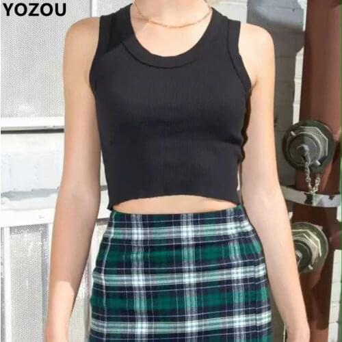 Women 90s vintage casual oneck solid cotton summer black white gray crop top cropped tank tee for female