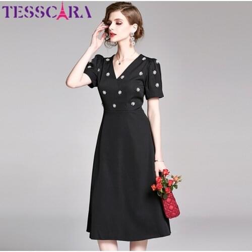 TESSCARA Women Luxury Beading Dress Festa High Quality Elegant V-neck Cocktail Party Robe Femme Vintage Designer A-Line Vestidos