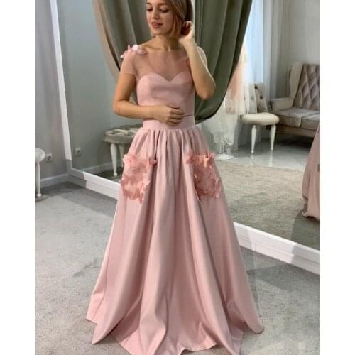 Evening Dress Sweetheart Sleeveless Pink A-Line Satin hand Made Flowers 2020 Women Party Gowns Graceful Court Train Charming