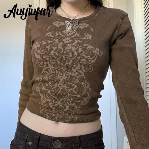 Auyiufar Vintage Floral Pattern Fairy Grunge Crop Tops Long Sleeve Goblincore T Shirts Women Y2K Streetwear Slim Ribbed Tee 2021