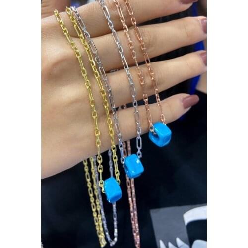Şeyma Chain Turquoise Basement Bead Silver Long Chain Necklace