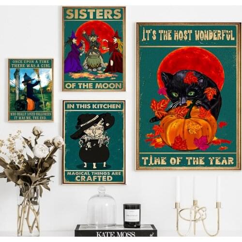 Black Witch Cat Vintage Poster Art Print In this kitchen magical things are Crafted Quote Canvas Painting Wall Pictures Decor